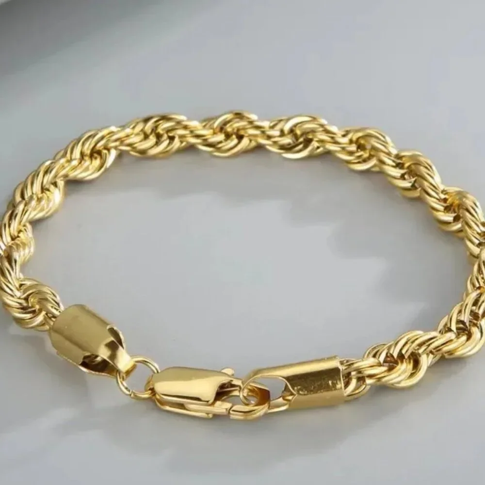 ⭐ 2pc. Diamond Cut Rope Set 22" Chain and 7.75" Bracelet 4mm Wide 18K Gold ⭐ - Picture 5 of 7